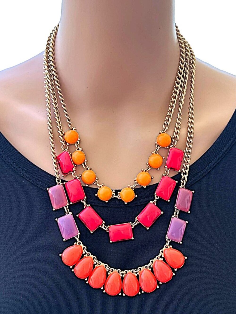 MIKA Statement Necklace Triple Layered Chunky Statement Gold Tone Coral Orange